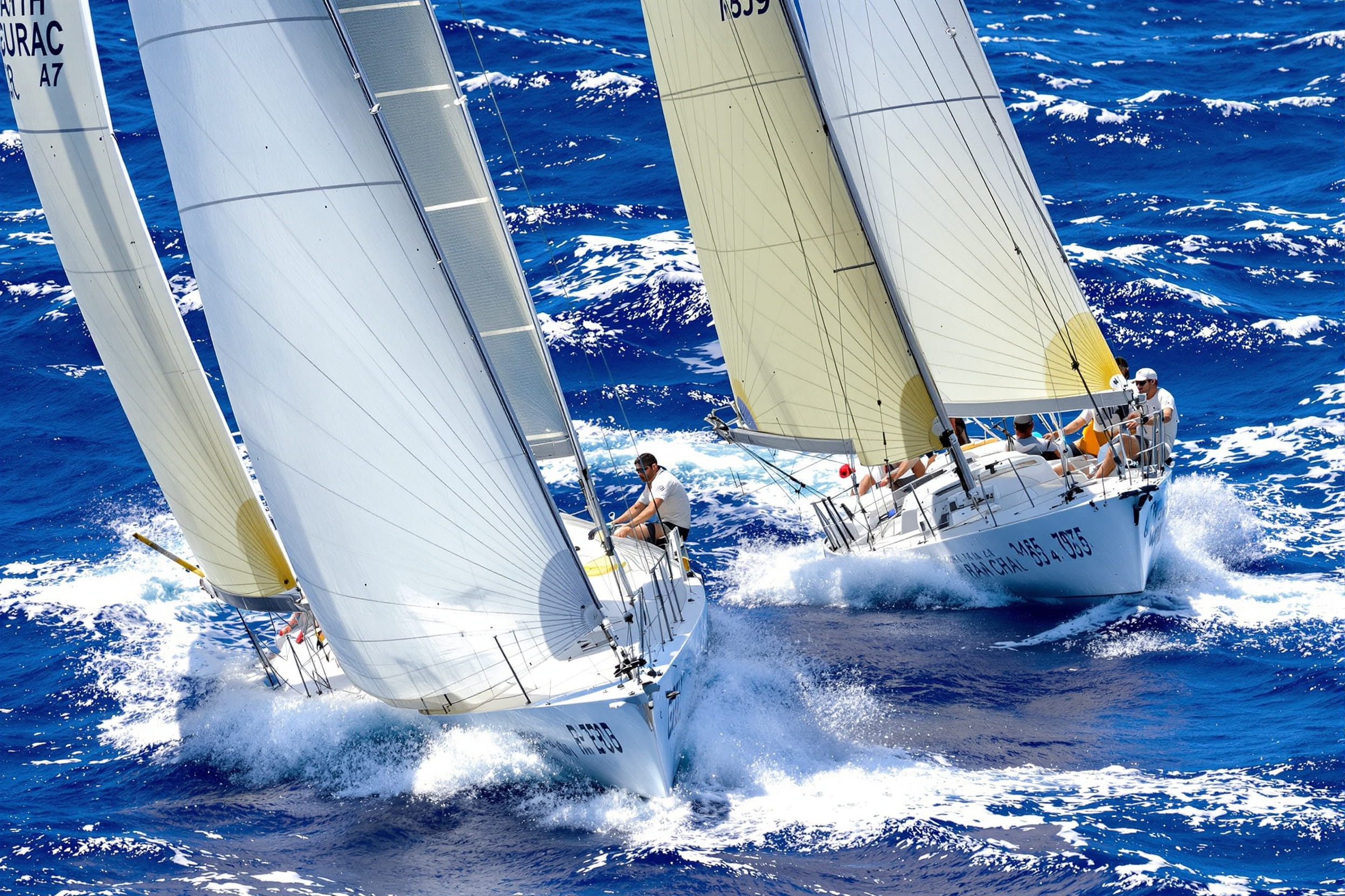 Two sailboats in close match race competition